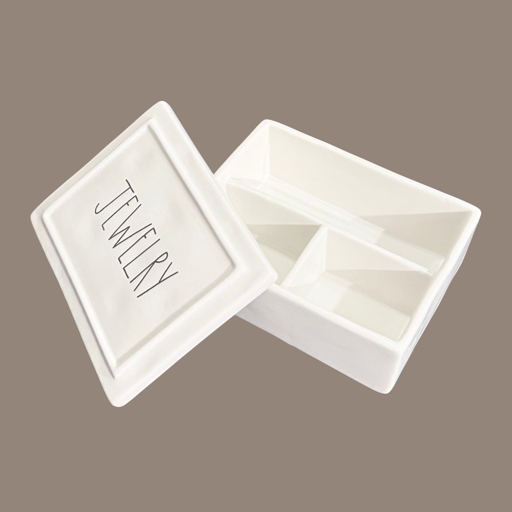 Rae Dunn Jewelry Ceramic Trinket Box with Lid Divided Organizer White - Picture 4 of 9